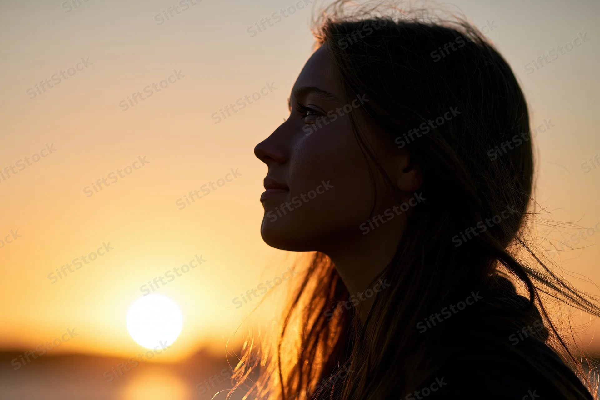 Young woman in side profile gazing forward at sunset outdoors