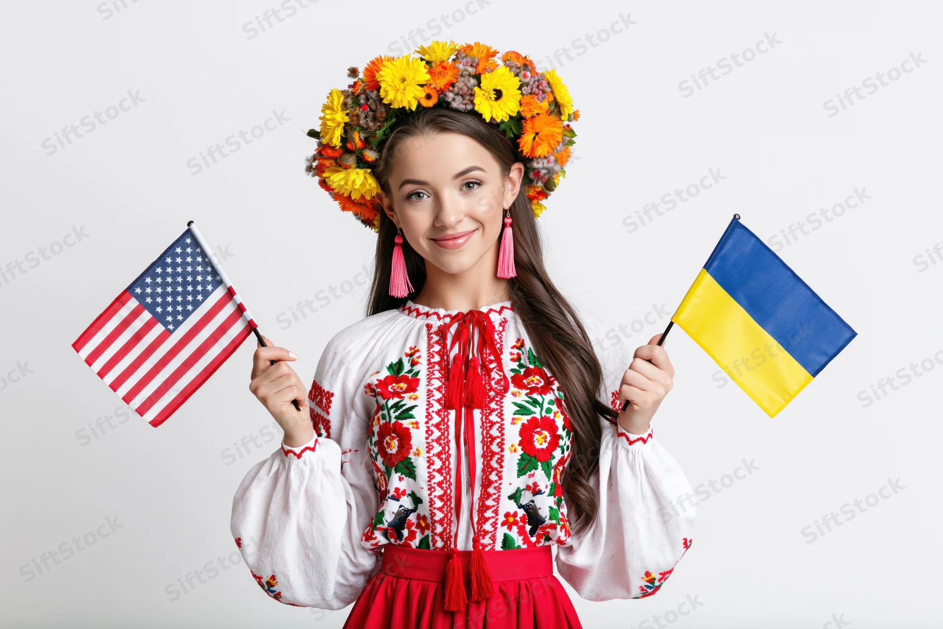 Young woman in traditional ukrainian vyshyvanka holding american and ukrainian flags, smiling, studio portrait