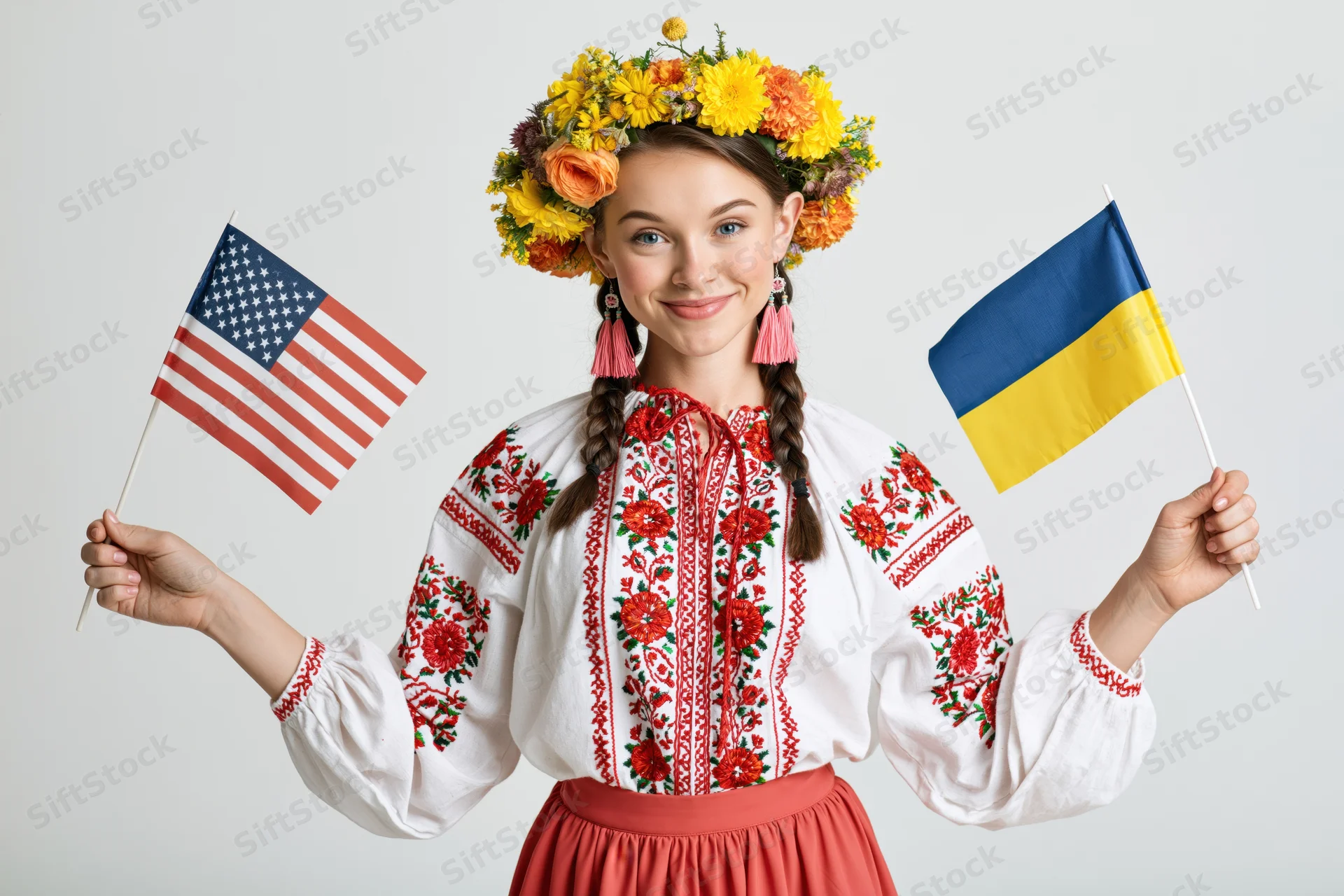Young woman in traditional ukrainian vyshyvanka holding u.s. and ukrainian flags, smiling, wearing floral crown and braids, isolated on white