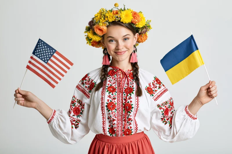 Young woman in traditional ukrainian vyshyvanka holding u.s. and ukrainian flags, smiling, wearing floral crown and braids, isolated on white