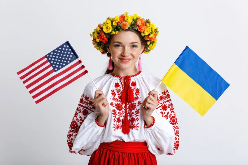 Young woman in traditional ukrainian vyshyvanka holding ukrainian and united states flags, smiling, studio portrait