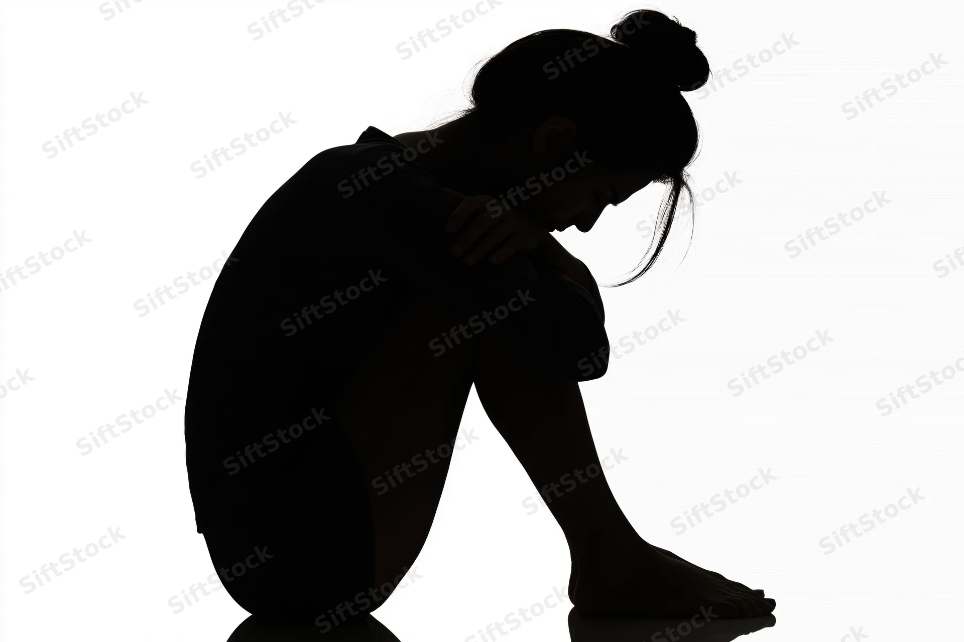 Silhouette of a woman sitting on the floor with knees pulled to chest and head down