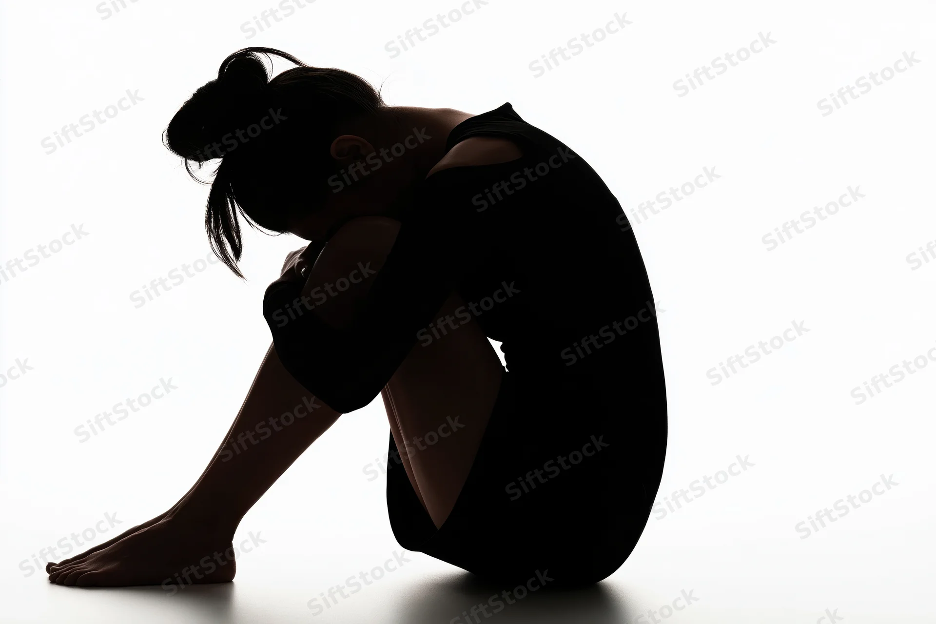 Silhouette of a young woman sitting on the floor with knees pulled to chest and head down