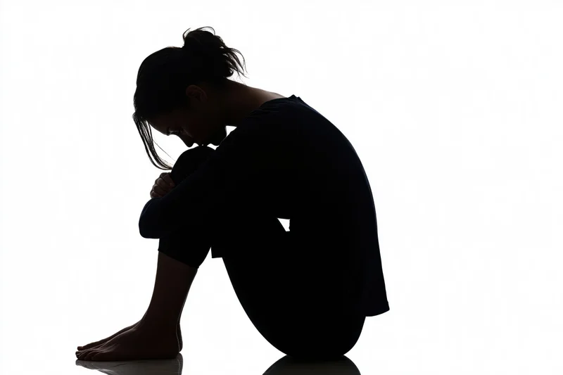 Silhouette of a woman sitting on the floor with knees pulled to chest and head bowed
