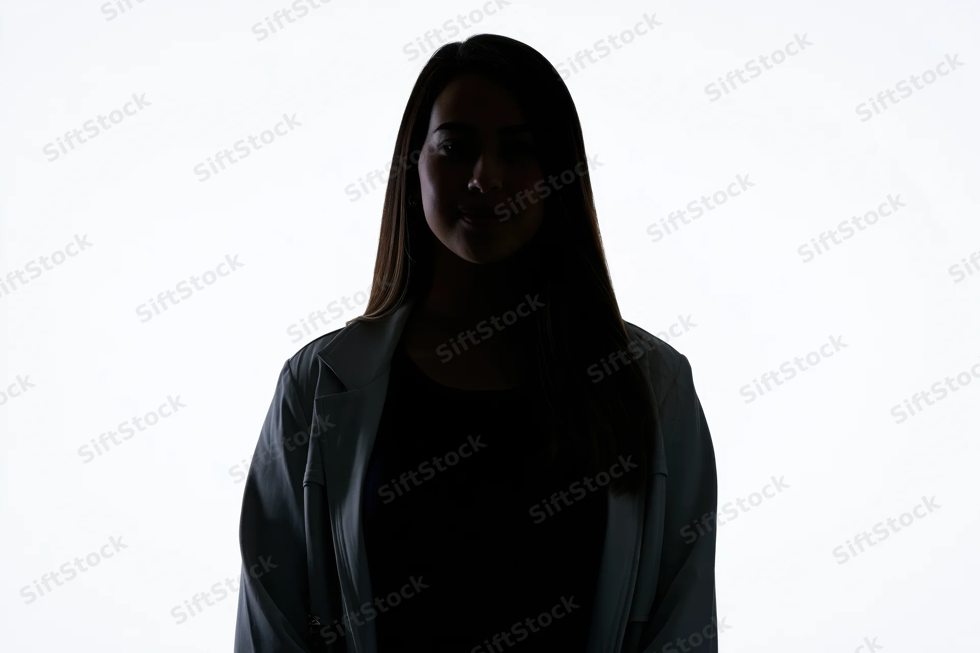 Silhouette of a young woman in a blazer facing the camera against a white background