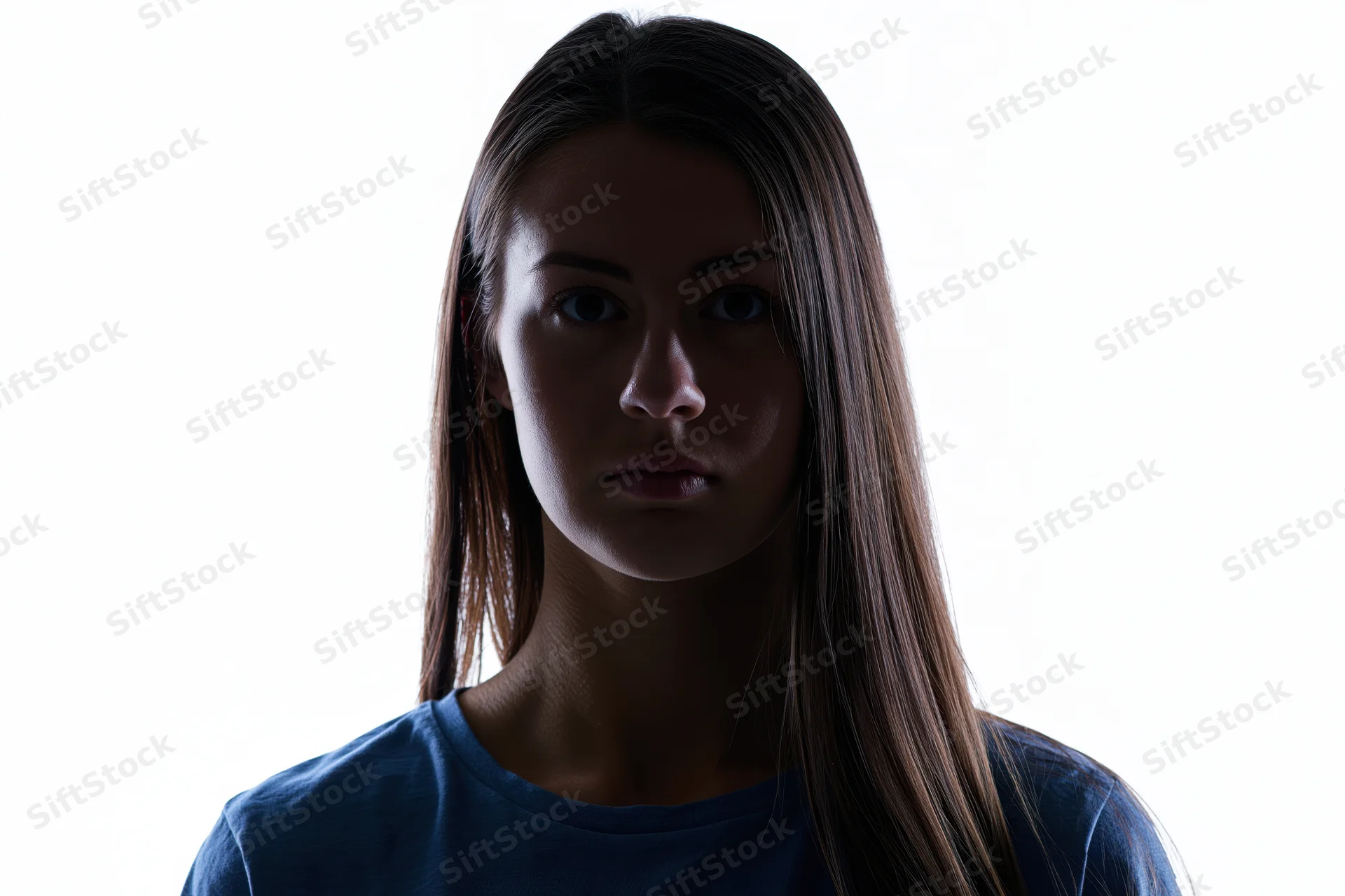 Young woman with long straight hair in silhouette against white background, facing camera with neutral expression