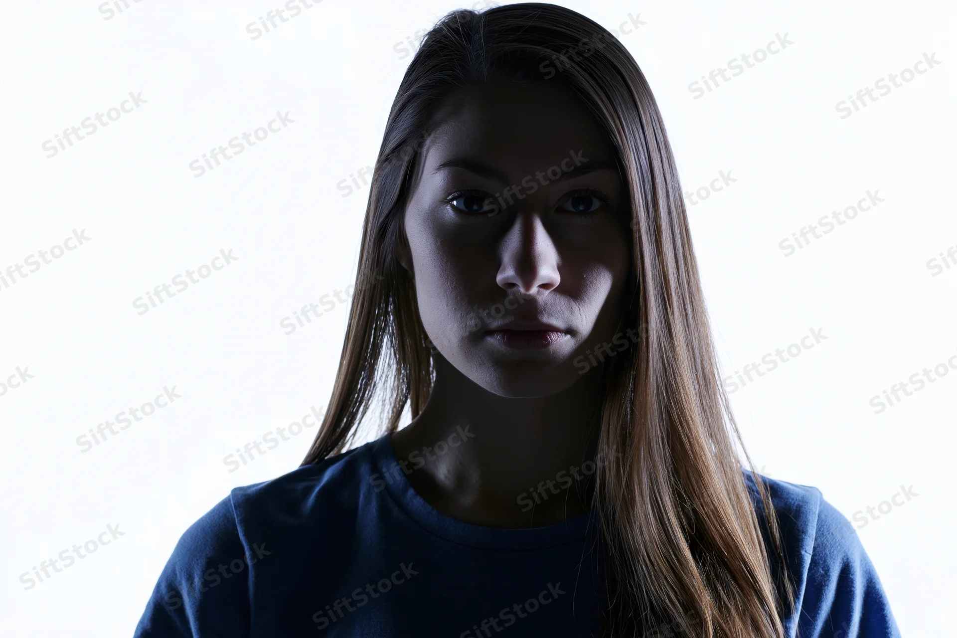 Young woman with long straight hair facing camera in studio lighting against white background
