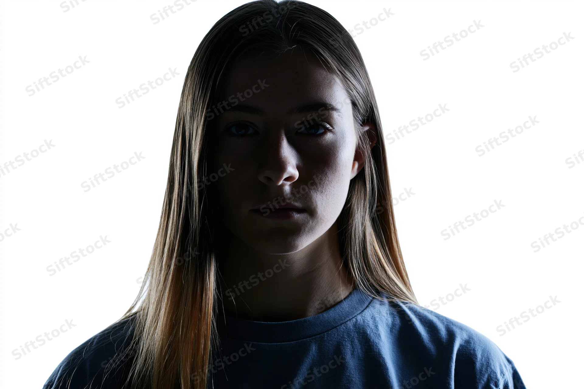 Young woman with long straight hair facing camera in studio lighting against white background