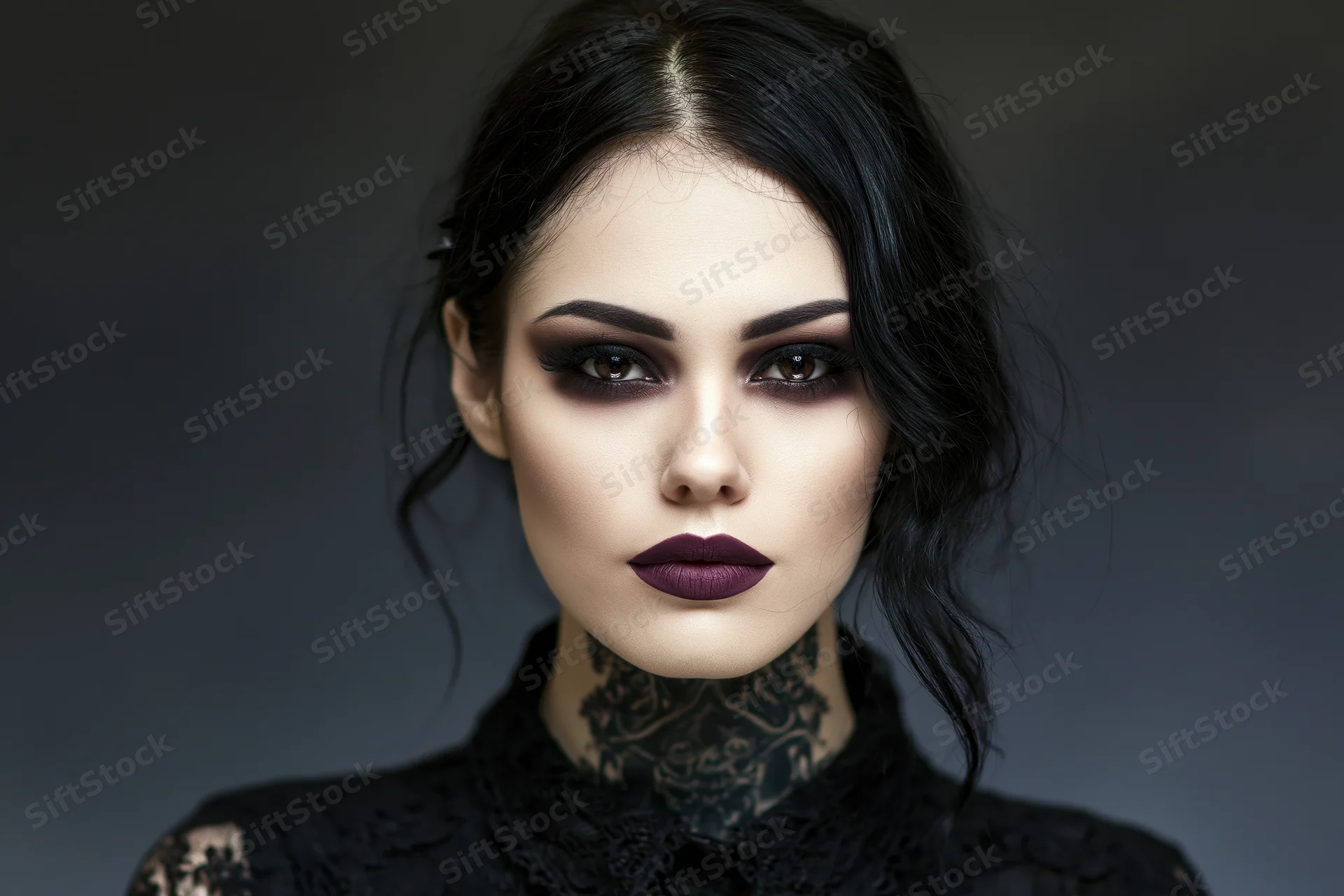 Woman with dark gothic makeup and neck tattoo in black lace top, studio portrait