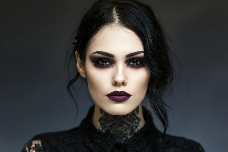 Woman with dark gothic makeup and neck tattoo in black lace top, studio portrait