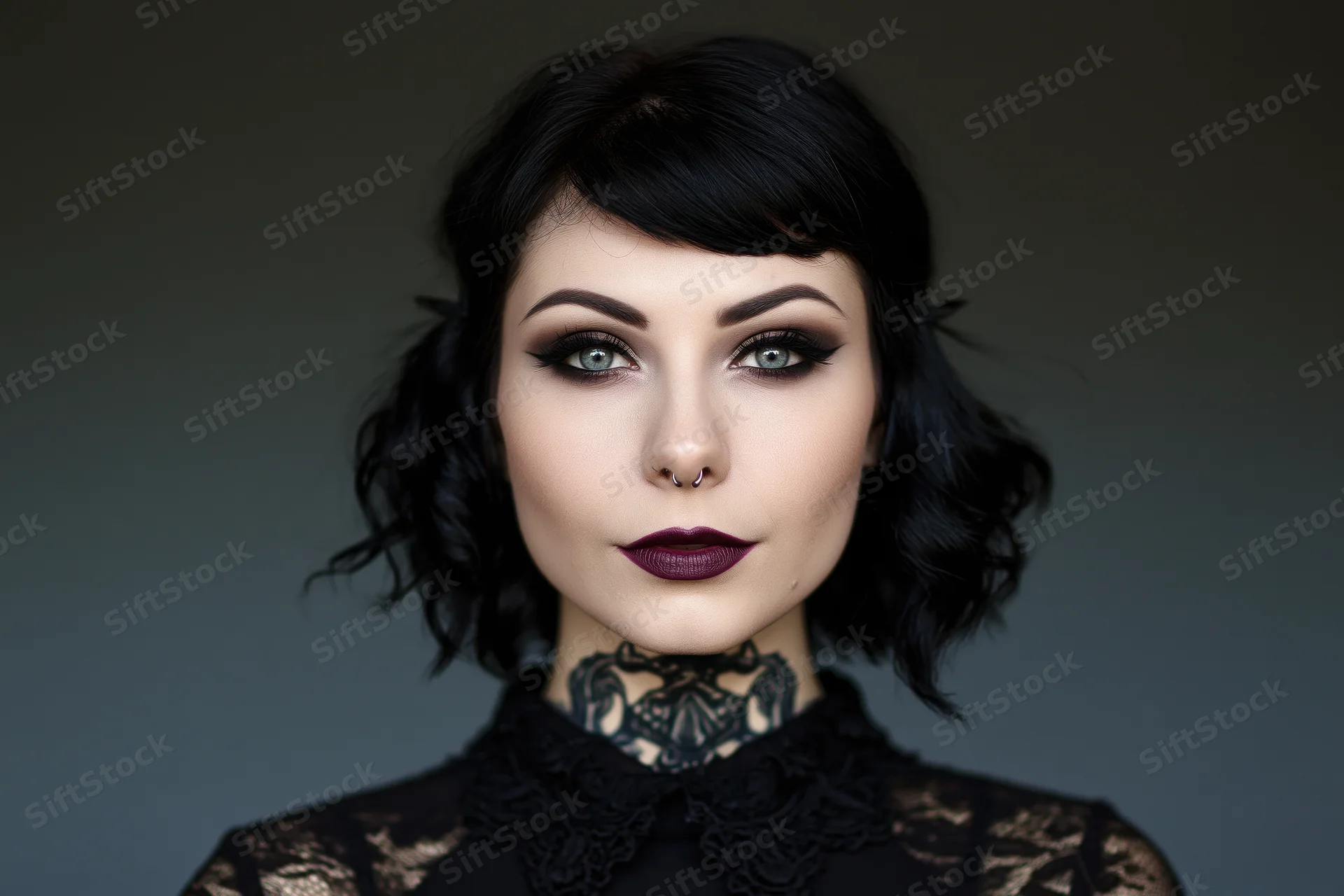 Young woman with dark gothic makeup and neck tattoo gazing directly at camera in studio portrait