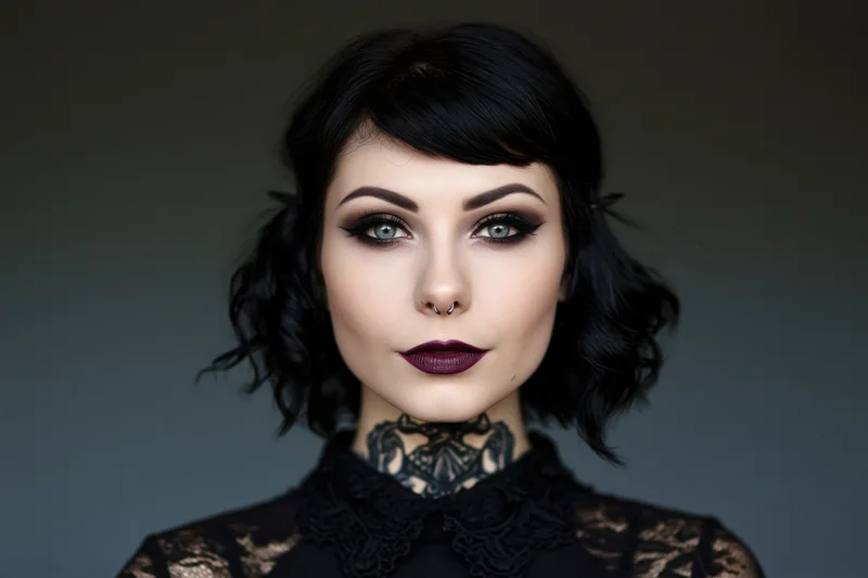 Young woman with dark gothic makeup and neck tattoo gazing directly at camera in studio portrait