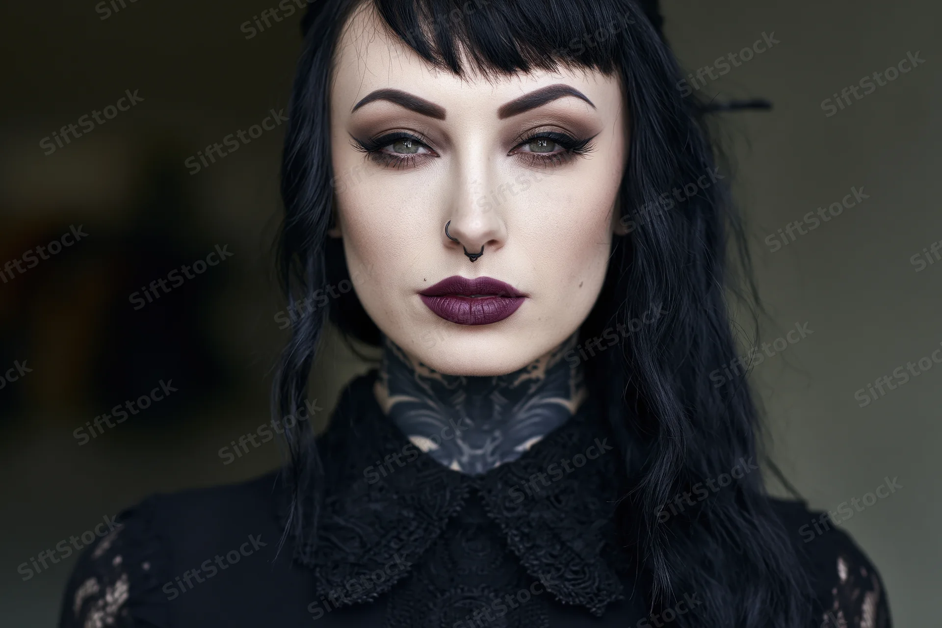 Young woman with dark gothic makeup and black lace collar gazing directly at camera