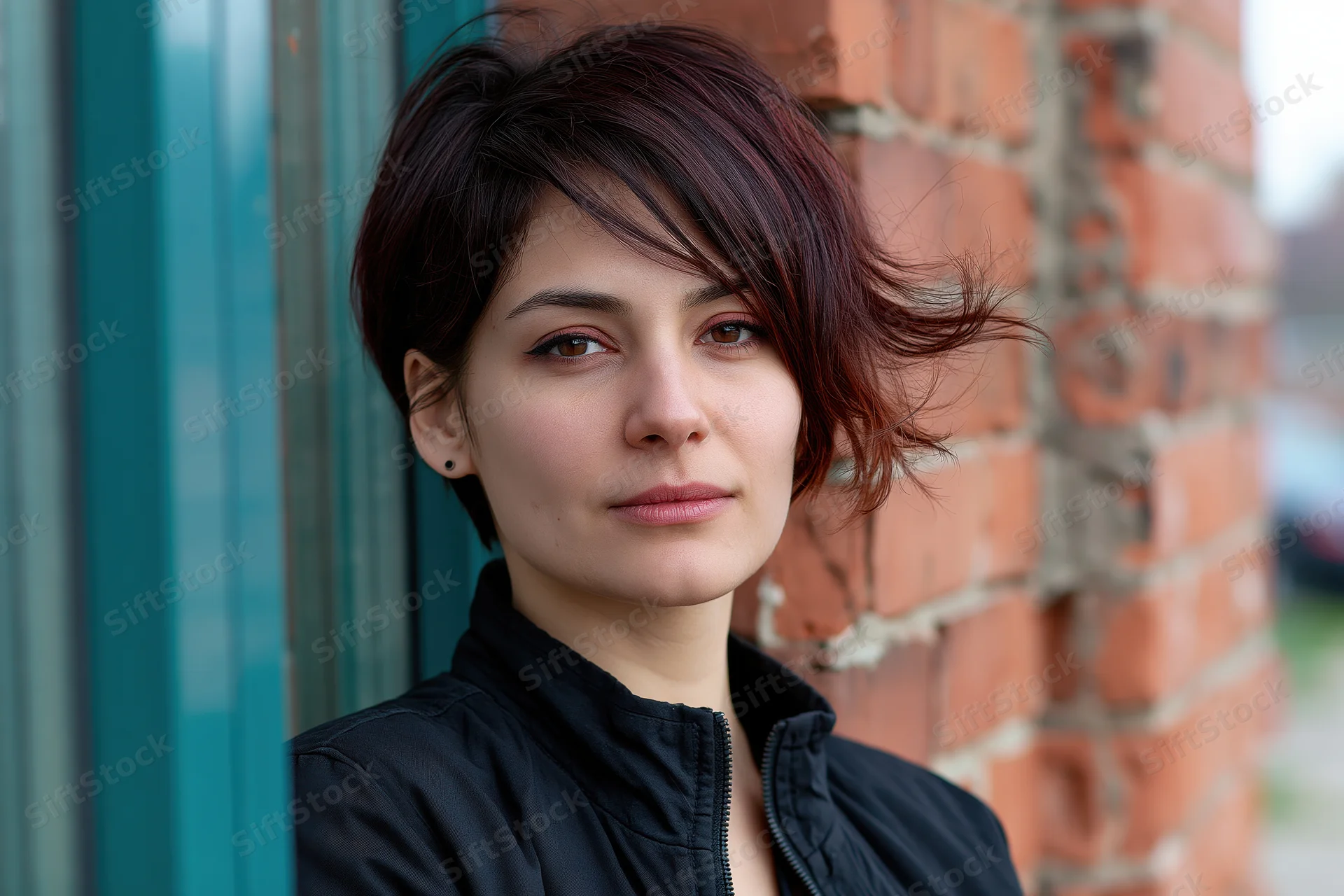 Woman with short dark hair with reddish-brown underlight leaning against brick wall outdoors
