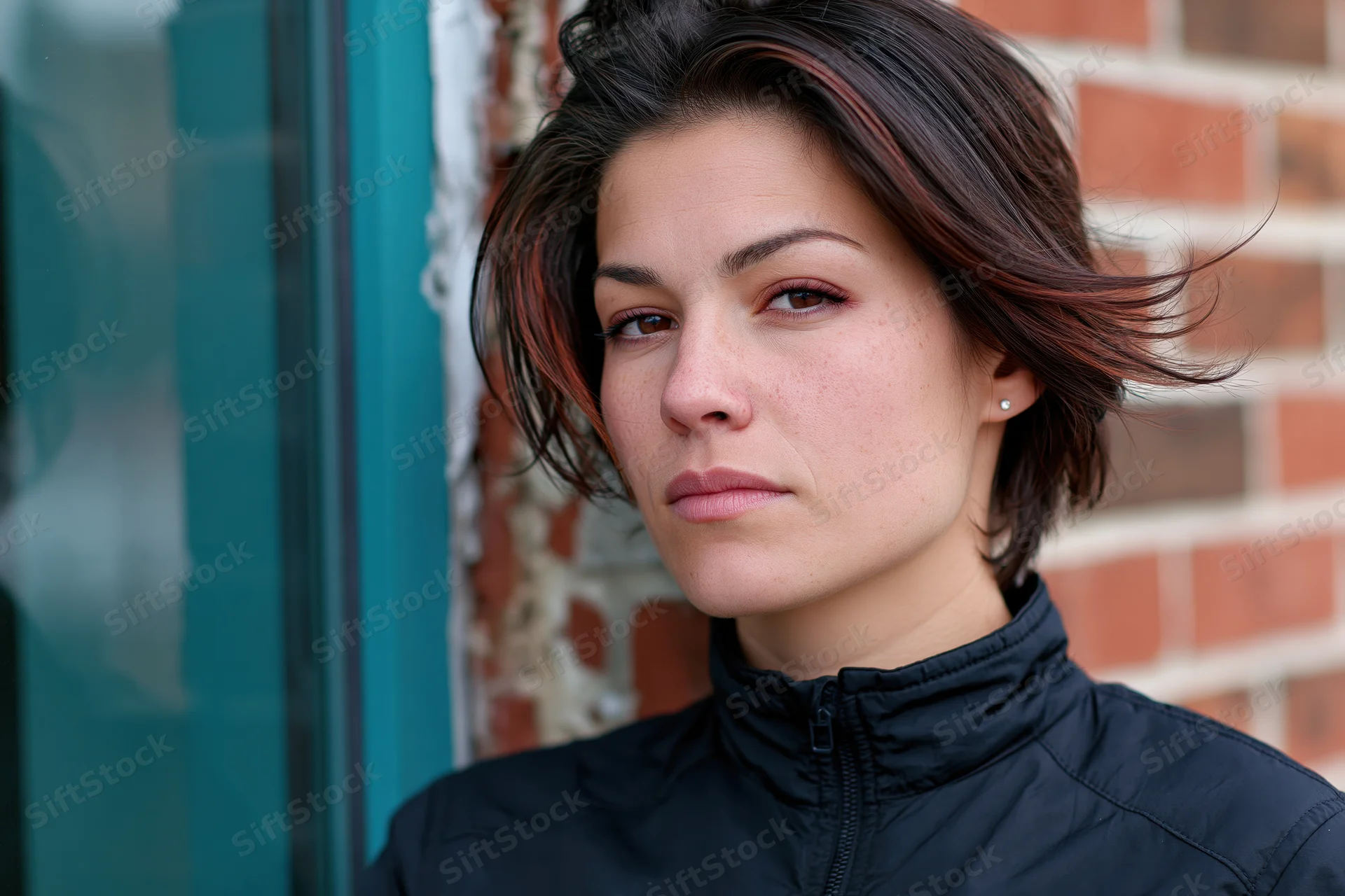 Young woman with short dark hair and reddish-brown underlight, wind blowing her hair, standing by brick wall and teal door