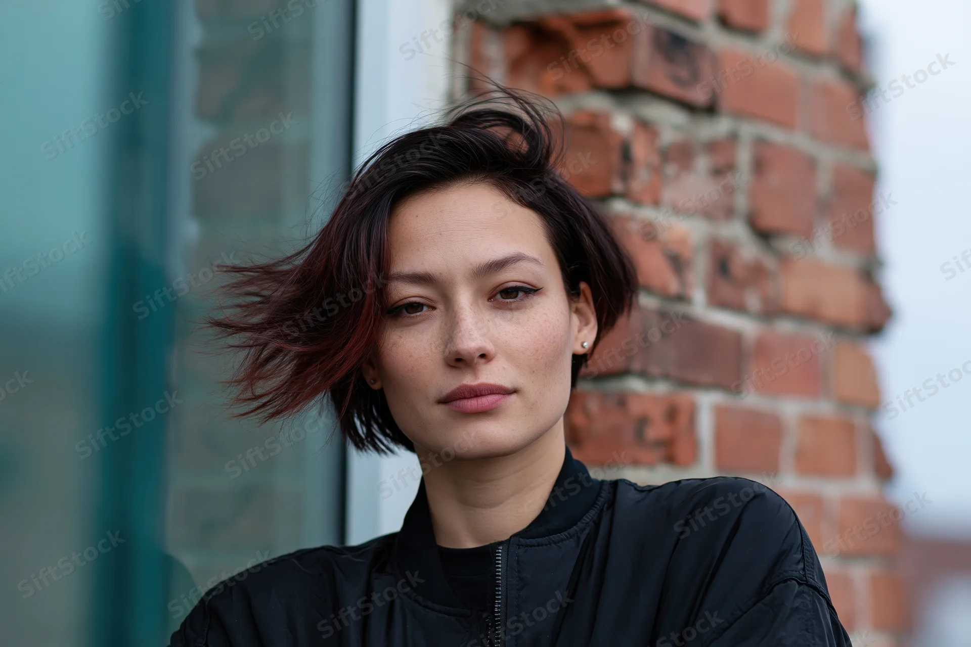 Woman with short dark hair featuring red-brown underlayer blowing in wind, standing outdoors near brick wall wearing black bomber jacket