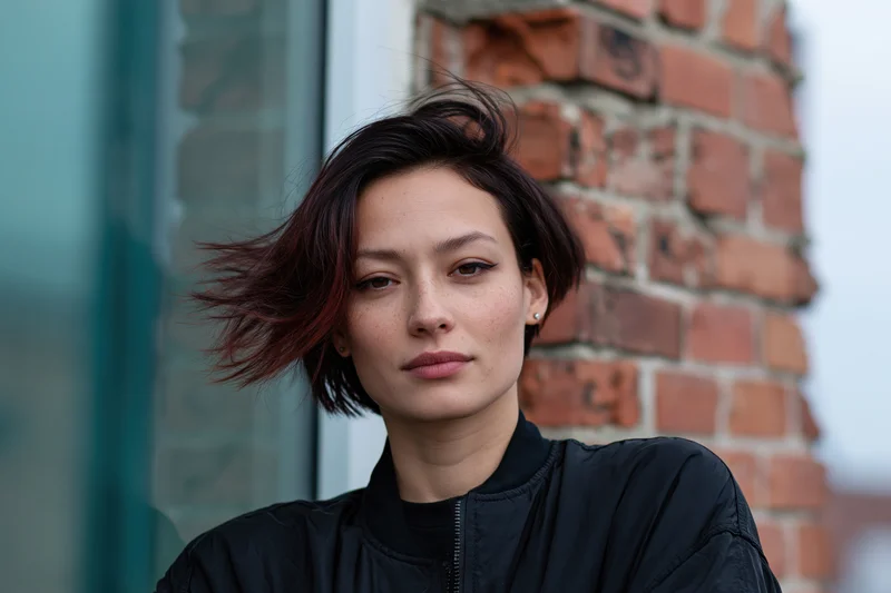 Woman with short dark hair featuring red-brown underlayer blowing in wind, standing outdoors near brick wall wearing black bomber jacket