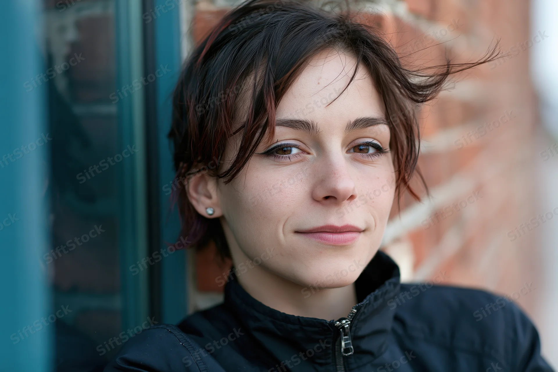 Young woman with short dark hair and reddish-brown underlayer smiling softly outdoors near brick wall and blue door