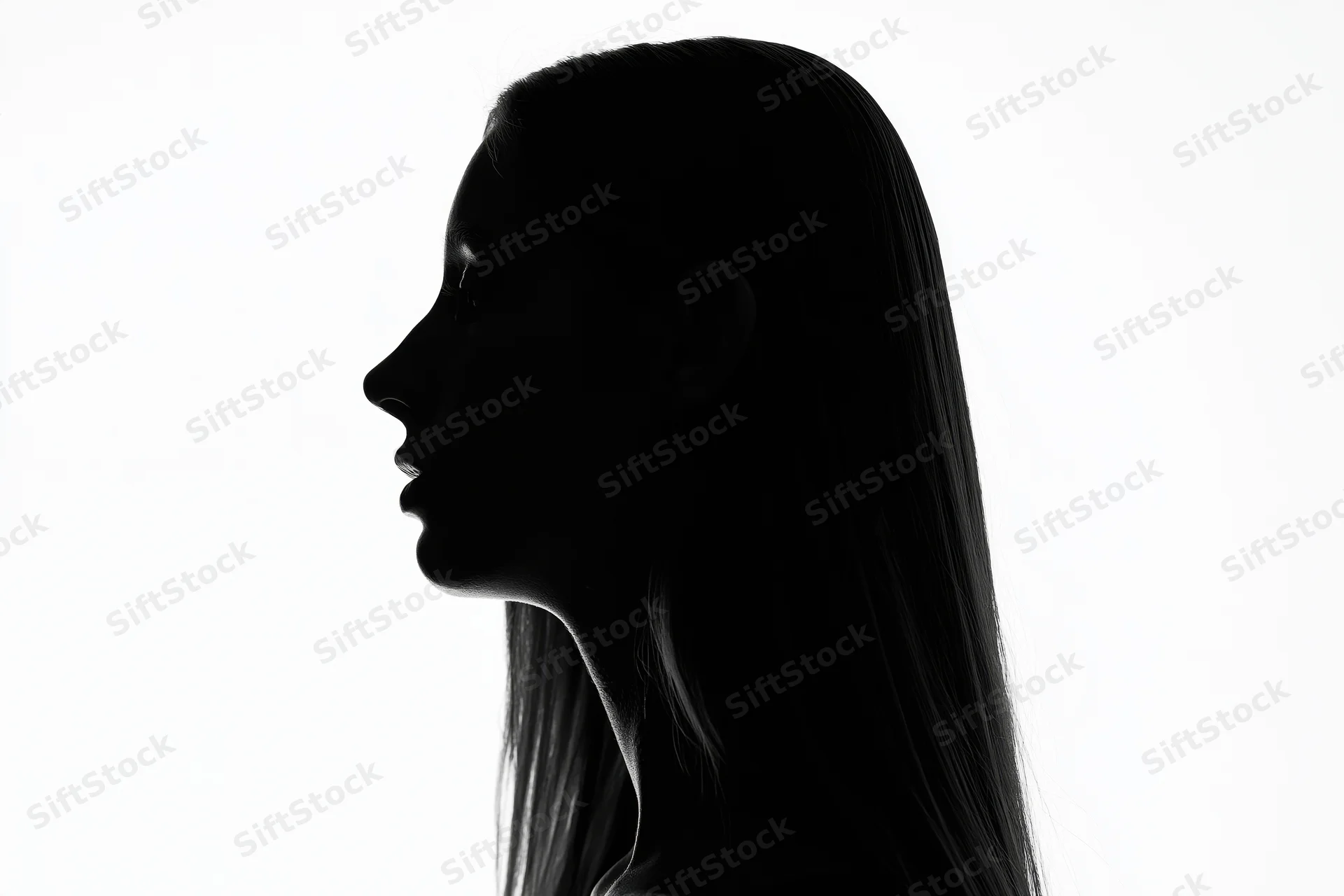 Silhouette of a woman in profile against a white background