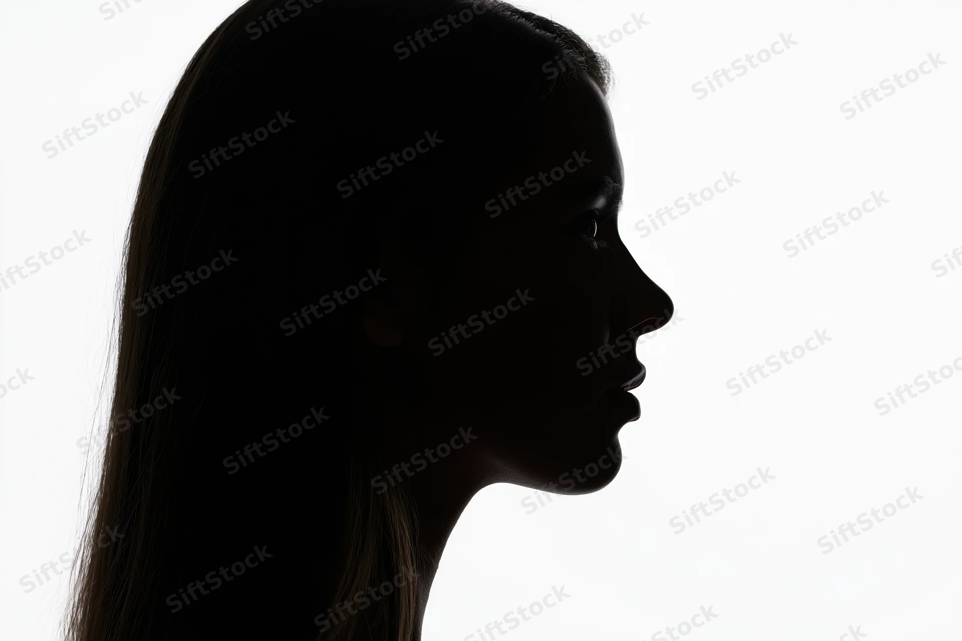 Silhouette of a young woman in profile against a white background