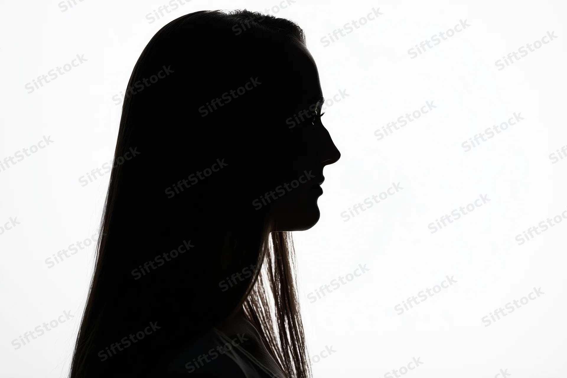 Silhouette of a young woman in profile against a white background