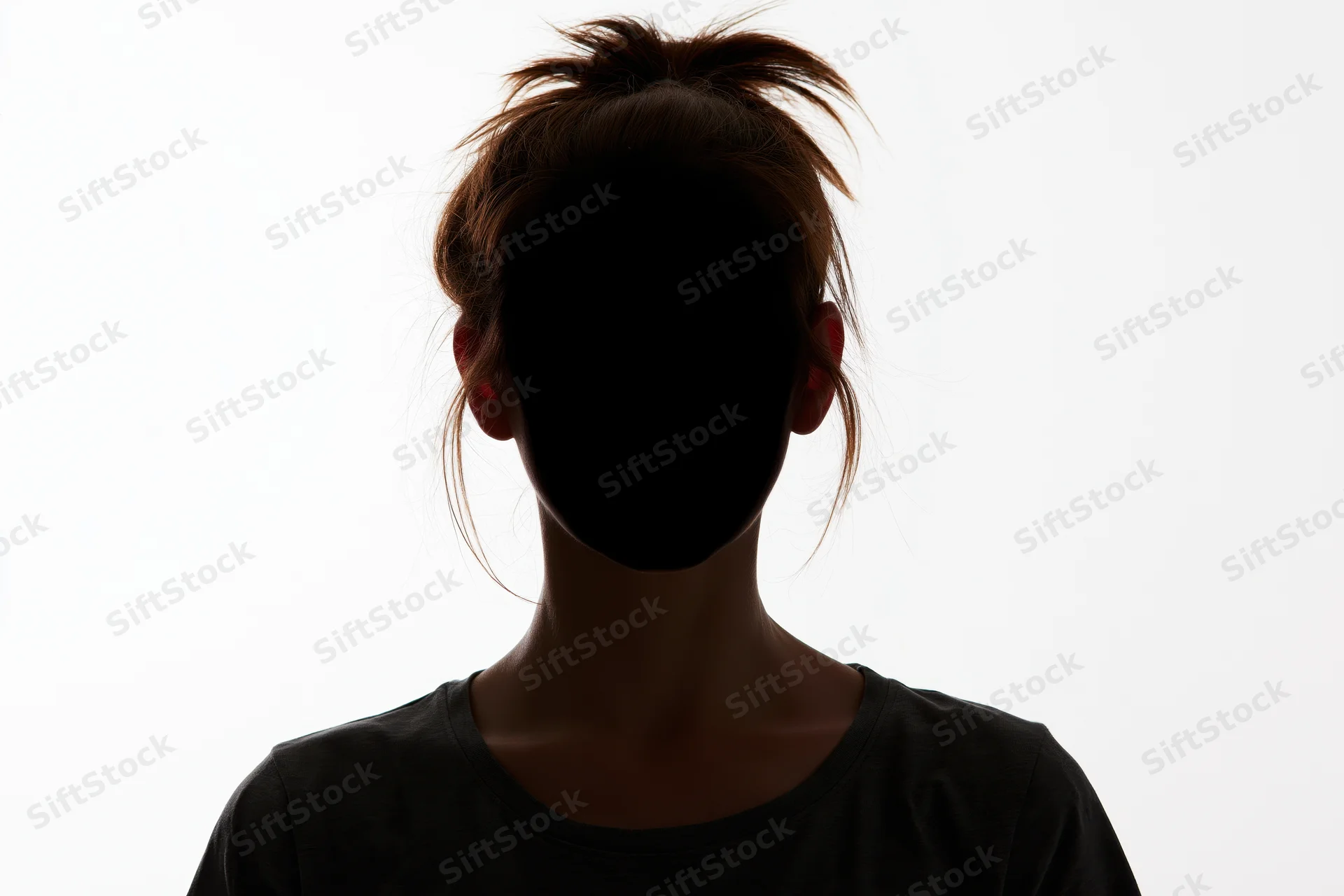 Silhouette of a young woman facing forward with hair pulled up in a ponytail against a white background