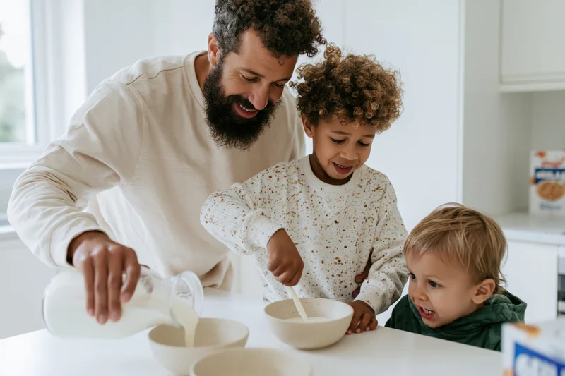 Father pouring milk into bowls while children stir cereal at kitchen table