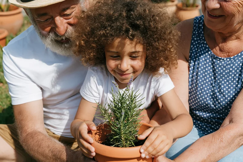 Young girl with curly hair planting lavender in terracotta pot with grandparents in garden