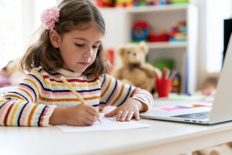 Girl writing with pencil at desk beside laptop in home study setup