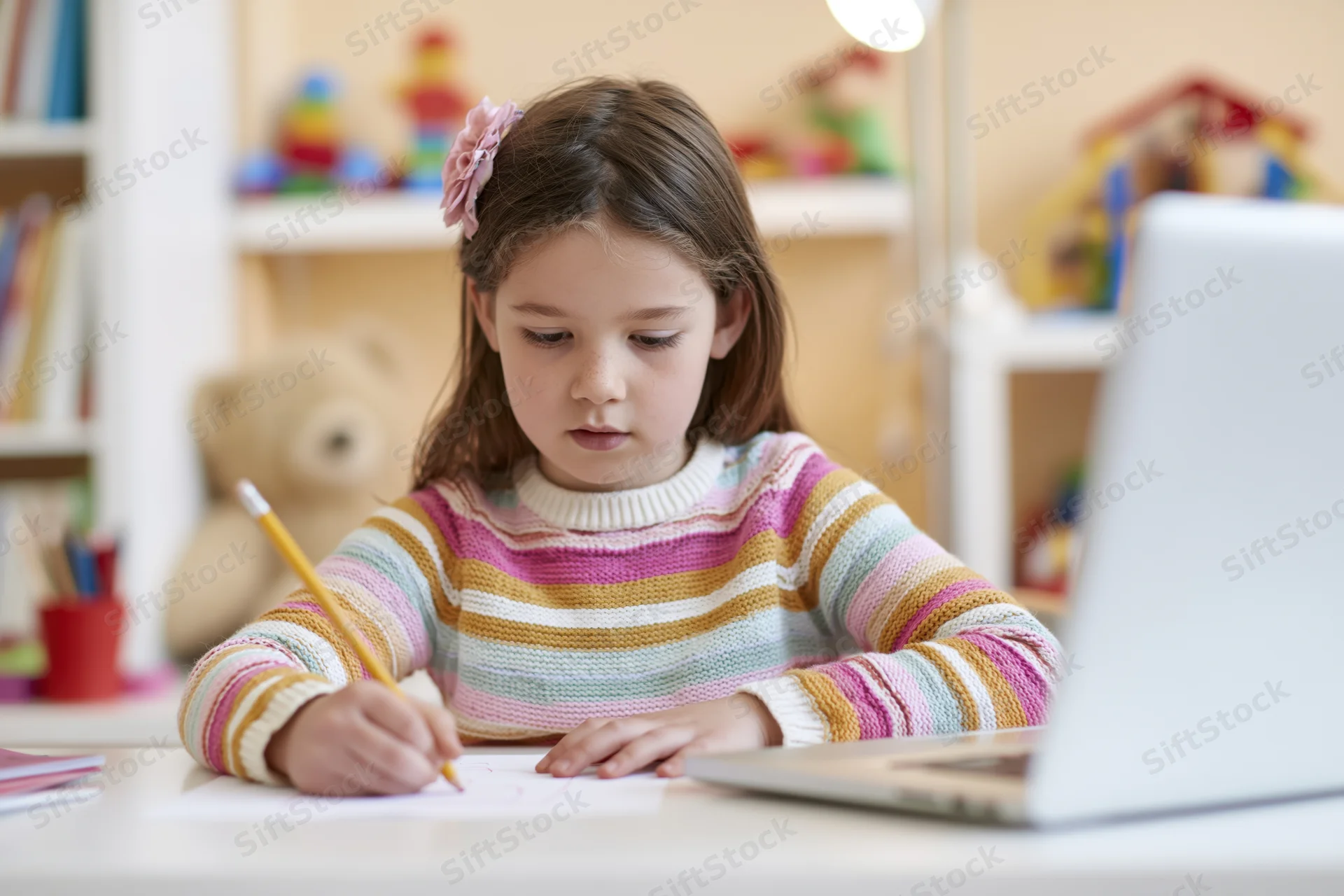 Girl writing with pencil at desk beside laptop in home study setup