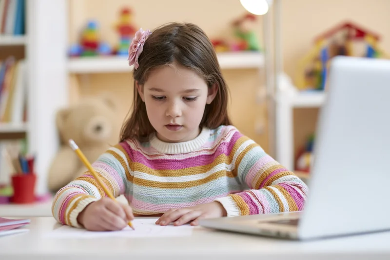 Girl writing with pencil at desk beside laptop in home study setup