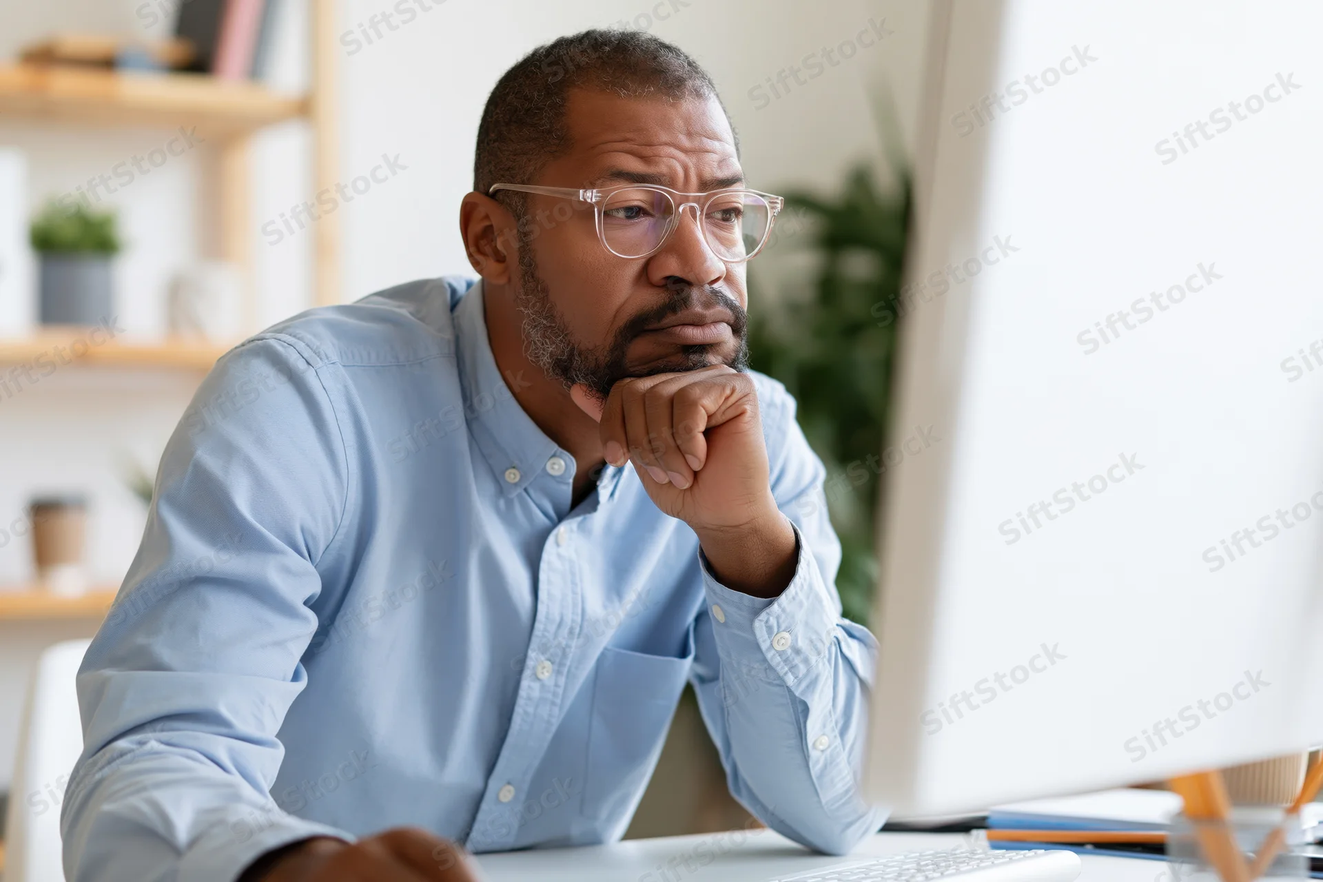 Man in light blue shirt and clear glasses focused on computer screen at office desk