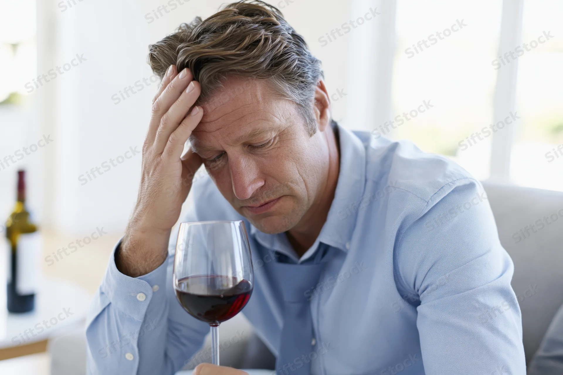 Distressed man holding head and wine glass while seated on couch in living room