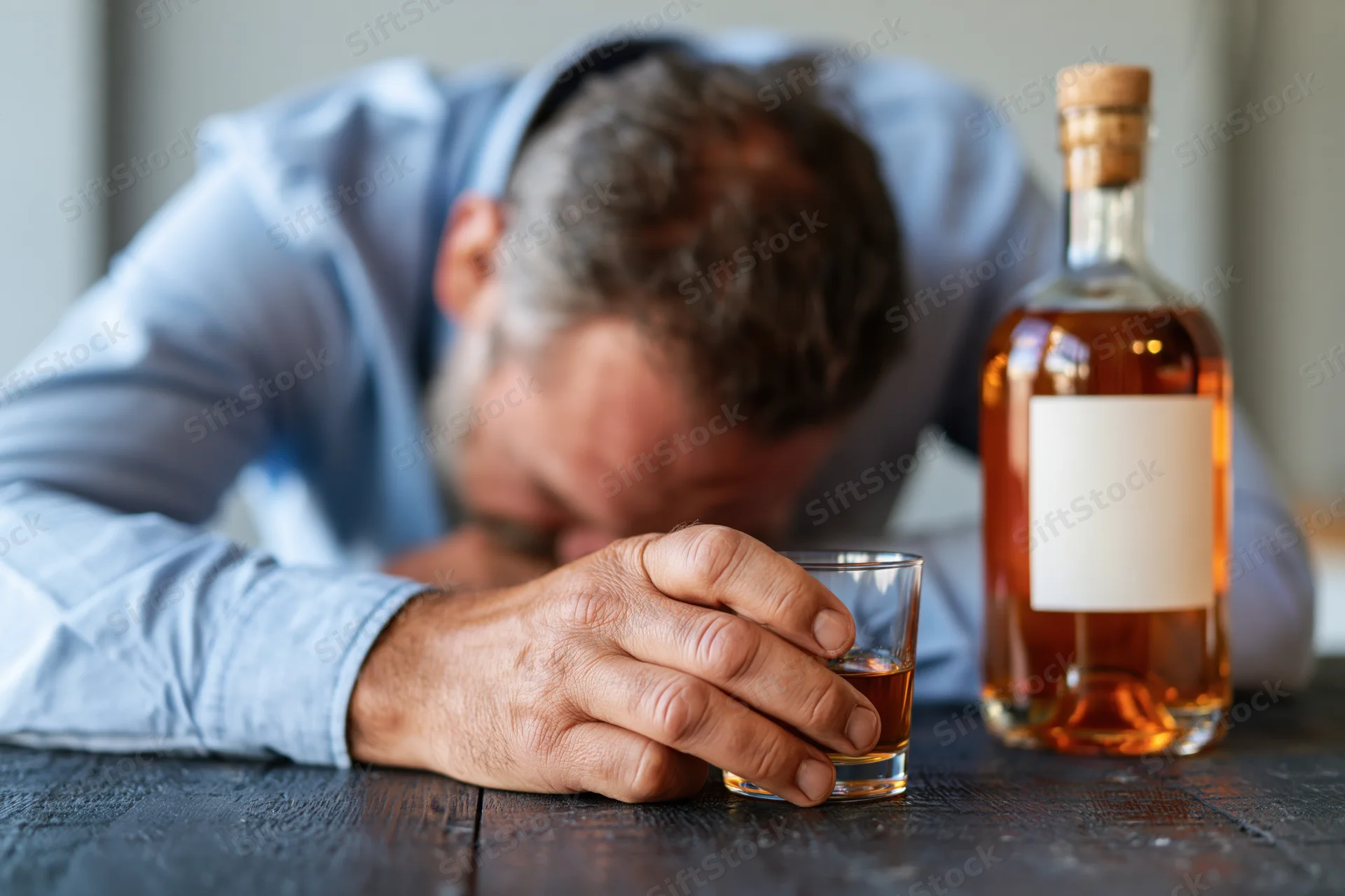 Man slumped with head down on table beside whiskey bottle and glass