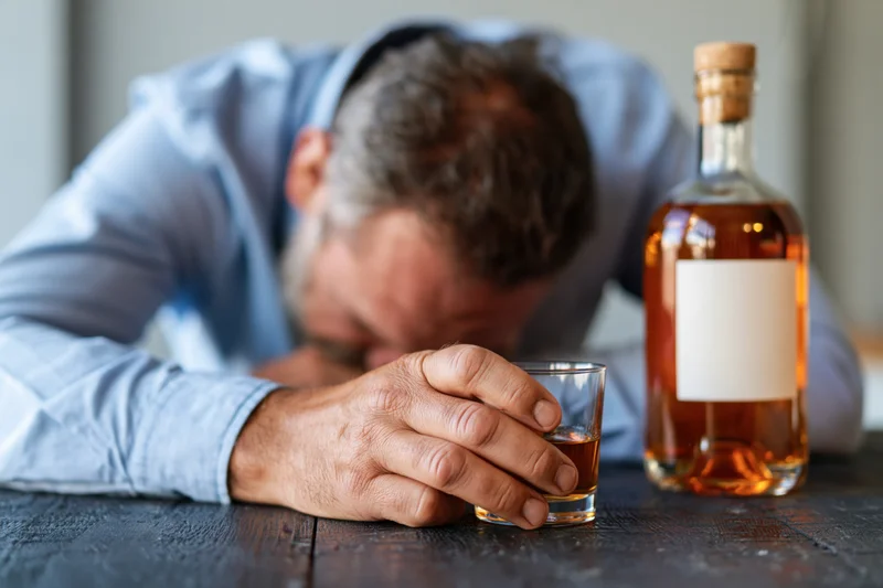 Man slumped with head down on table beside whiskey bottle and glass