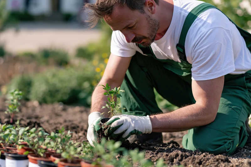 Man kneeling in garden planting seedlings in soil wearing green overalls and white gloves