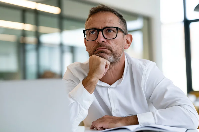 Man in white shirt thinking at desk with laptop in modern office