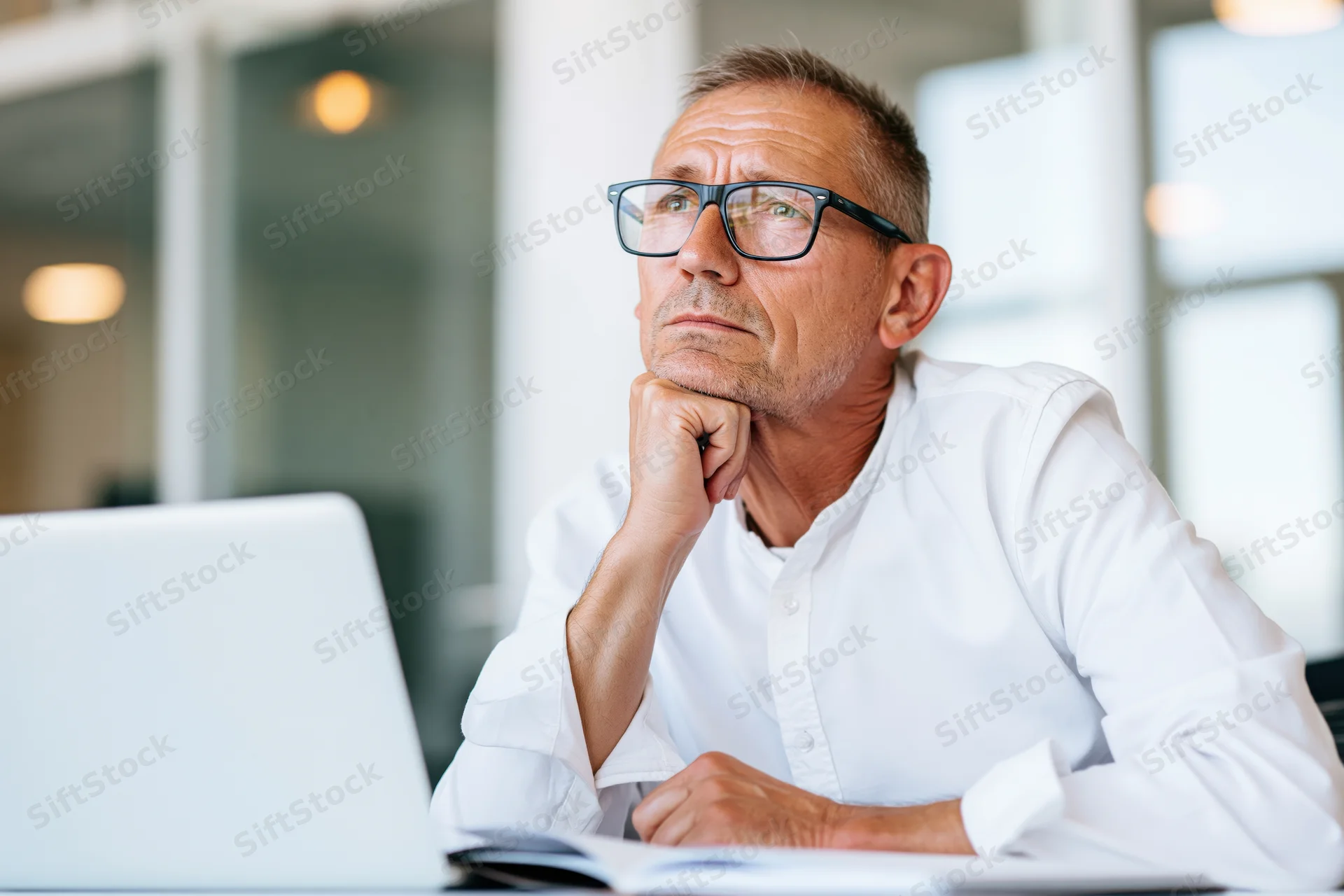 Man in white shirt thinking at desk with laptop in office