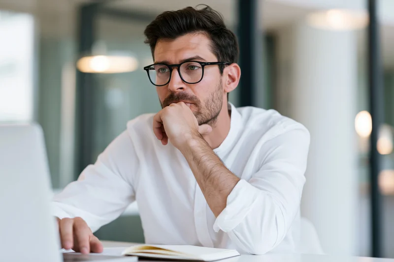 Man in white shirt thinking at desk with laptop in office