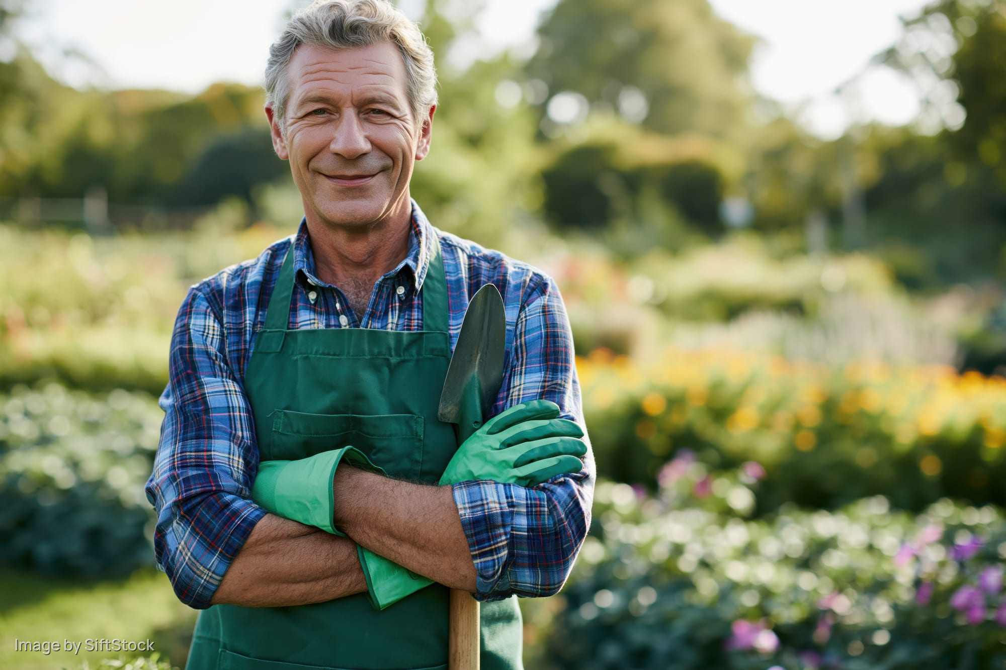 Man smiling with arms crossed holding shovel in garden wearing apron and gloves