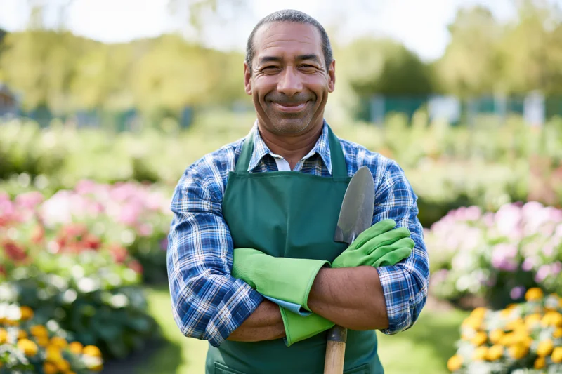 Smiling man in green apron holding trowel with arms crossed in garden