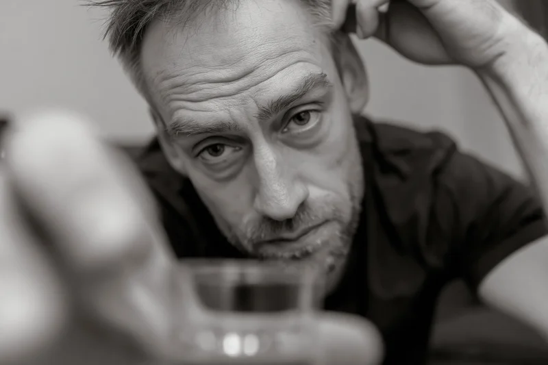 Man with short hair and stubble leaning forward, eyes downcast, hand on head, holding glass in foreground