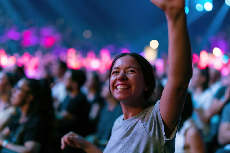 Woman smiling with raised fist in concert audience under stage lights