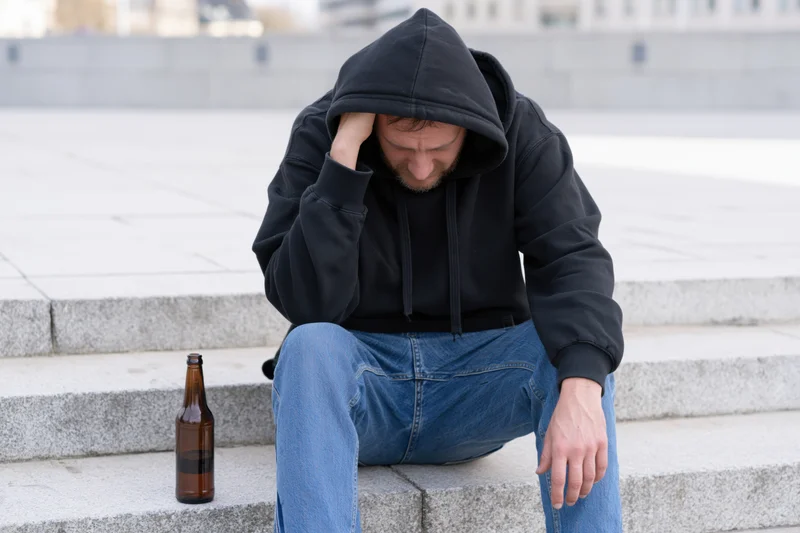 Man in black hoodie sitting on concrete steps with head in hand beside an empty beer bottle