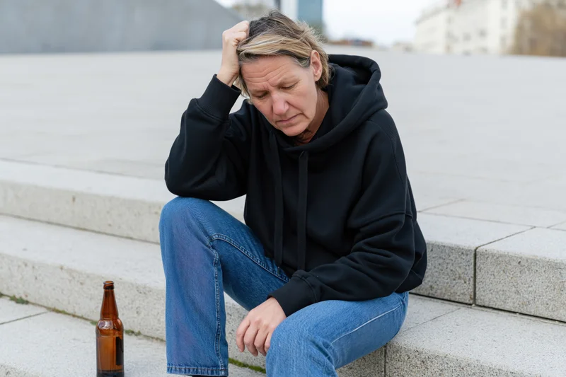 Woman sitting on concrete steps with beer bottle, hand on head, looking down