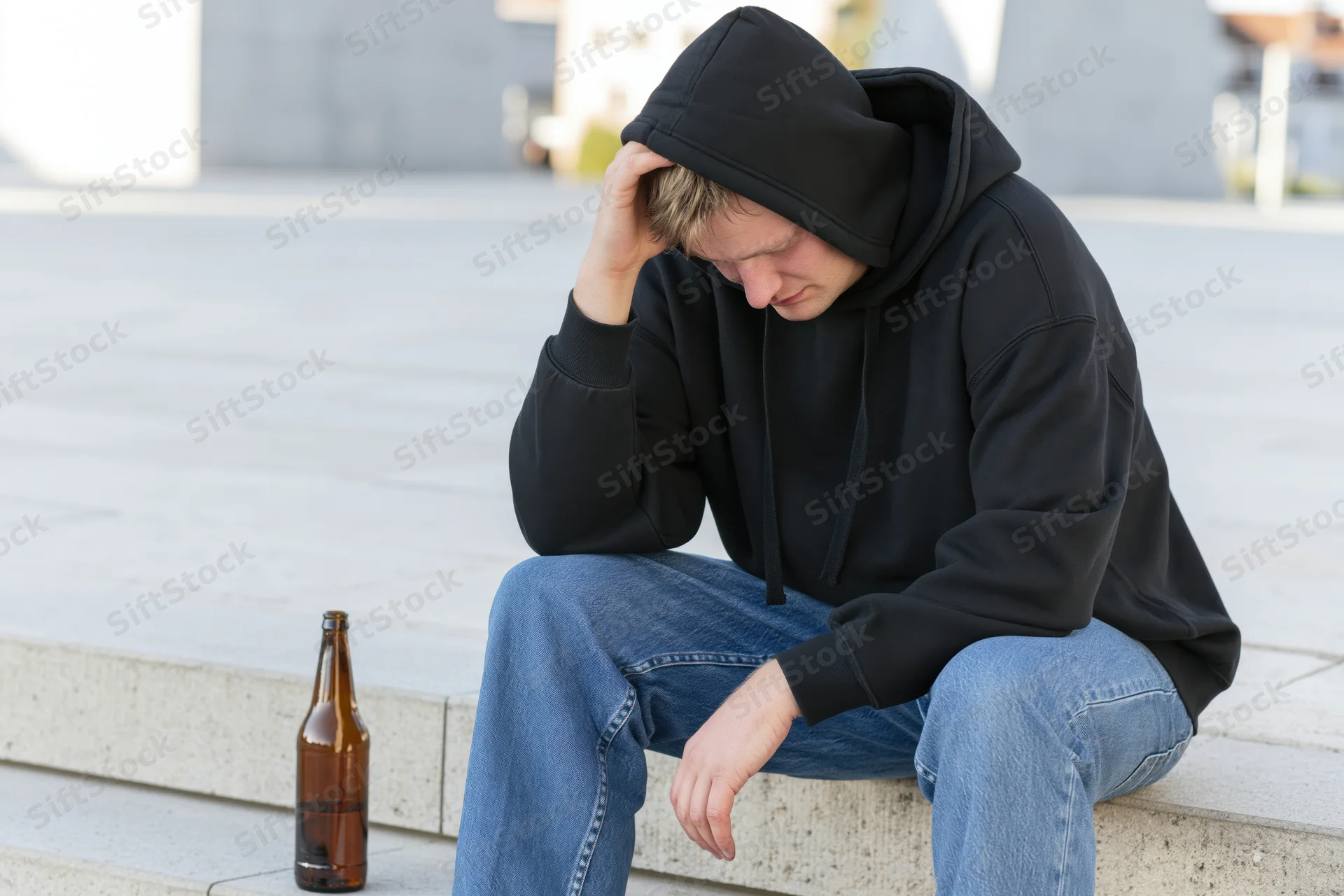 Young man in black hoodie sitting on concrete steps with beer bottle, head in hand, looking down