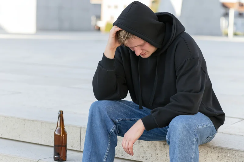 Young man in black hoodie sitting on concrete steps with beer bottle, head in hand, looking down
