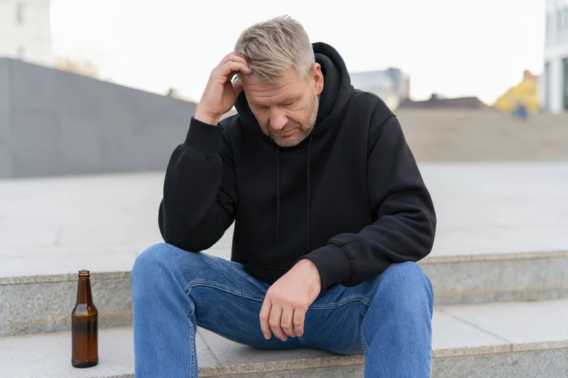 Man sitting on concrete steps with beer bottle, hand on head, looking down