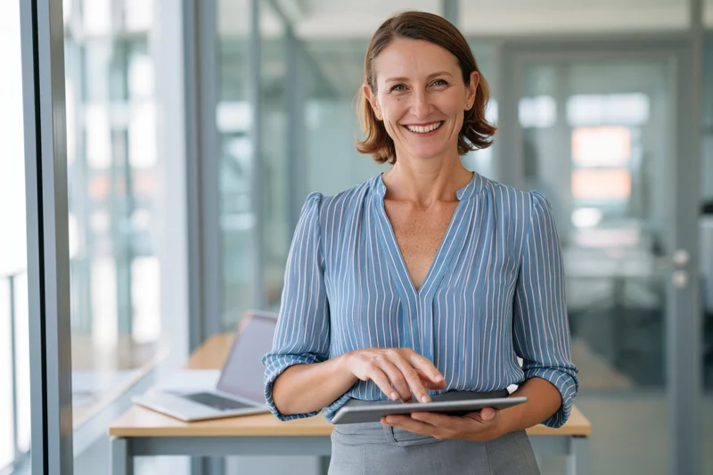Woman smiling while holding tablet in bright modern office