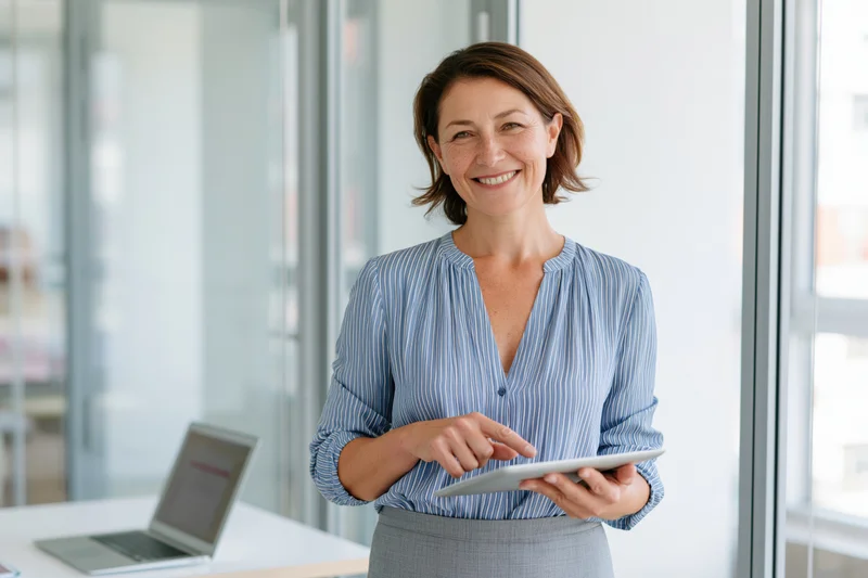 Smiling woman holding tablet in bright modern office with laptop on desk